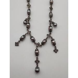 Sterling Silver Pearl & Marcasite Rosary Style Necklace